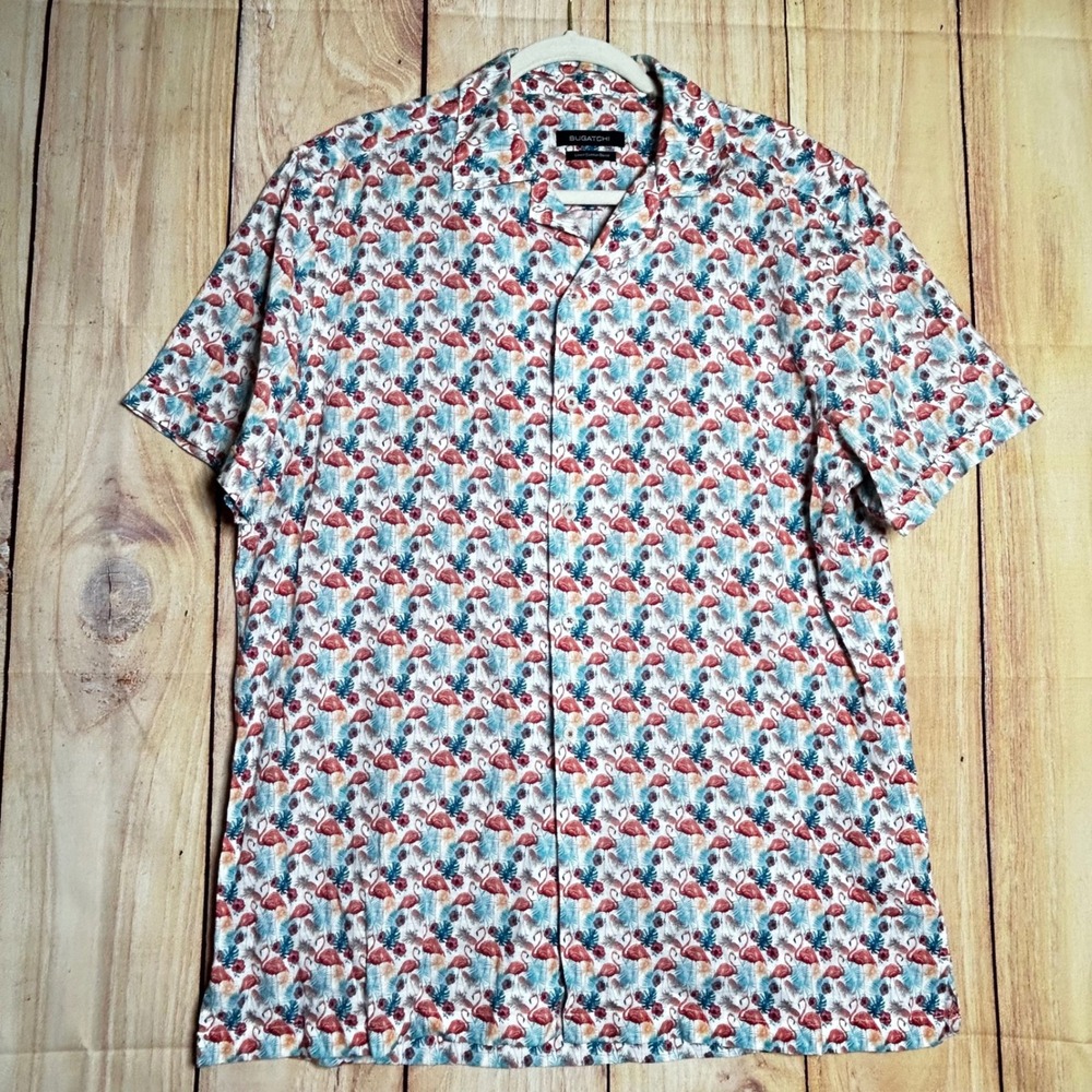 Bugatchi Shirt Mens Large White Flamingo Linen Cotton Tropical Resort Vacation